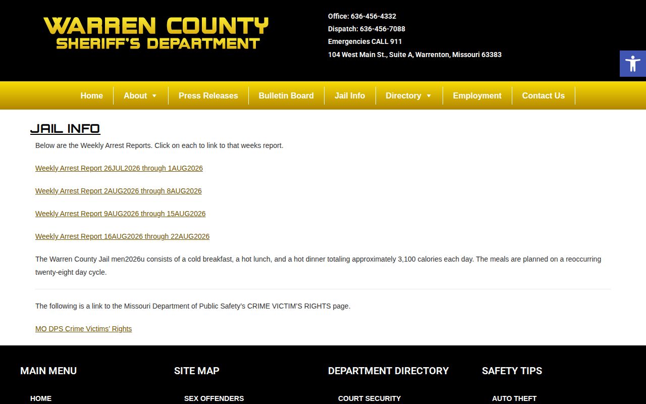 Warren County weekly arrest record index on the Sheriff Jail Info page